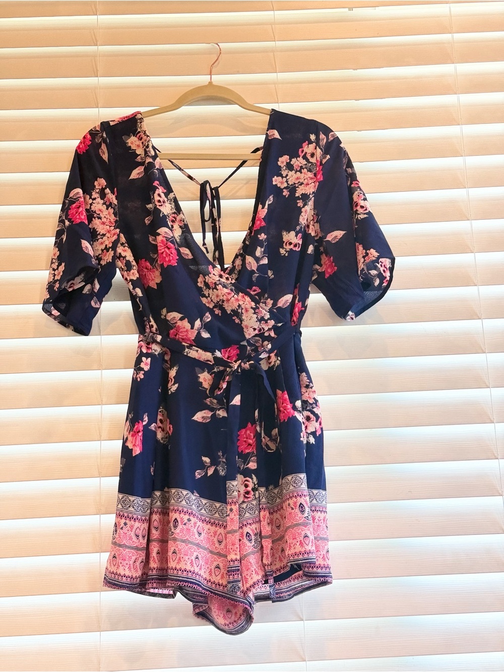 Trixxi Navy Floral Tie-Waist Romper with Pink Accents